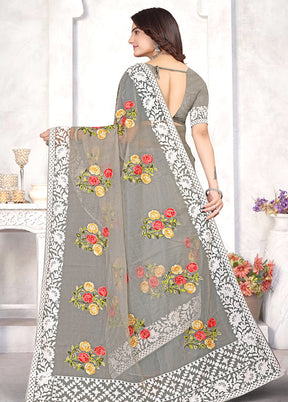 Grey Organza Saree With Blouse Piece - Indian Silk House Agencies