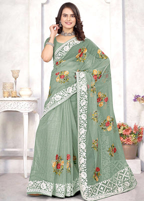 Pista Green Organza Saree With Blouse Piece - Indian Silk House Agencies