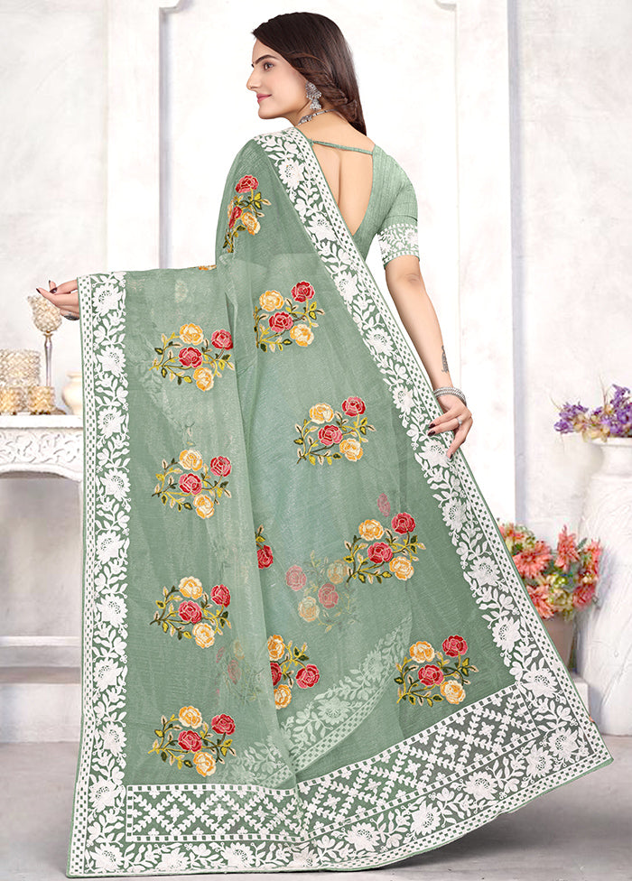 Pista Green Organza Saree With Blouse Piece - Indian Silk House Agencies