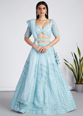 3 Pc Turquoise Net Semi Stitched Lehenga Set