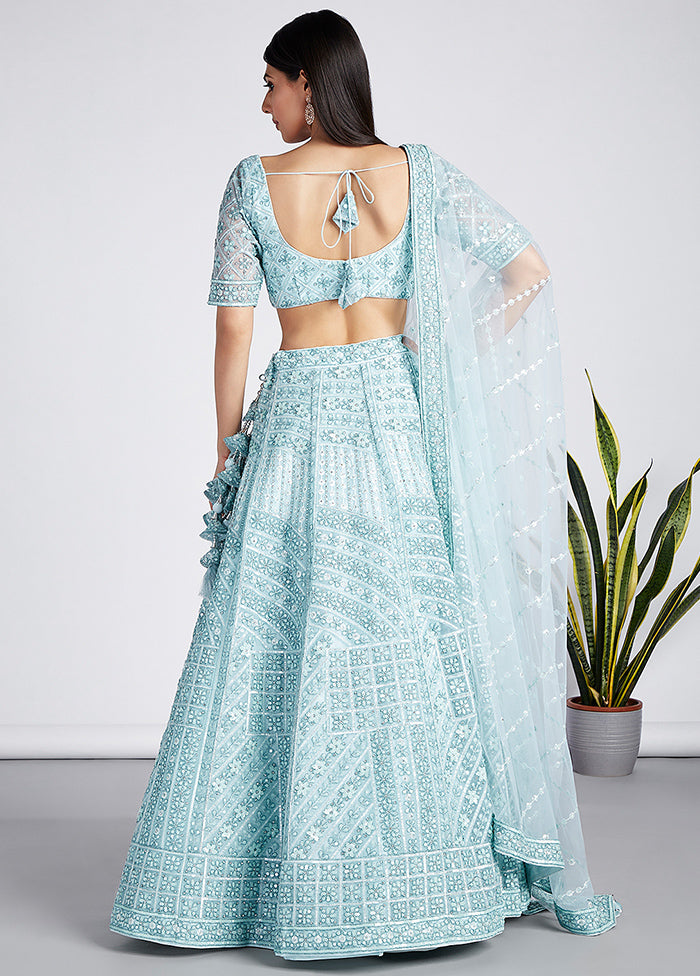 3 Pc Turquoise Net Semi Stitched Lehenga Set