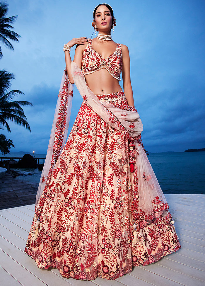 3 Pc Peach Net Semi Stitched Lehenga Set