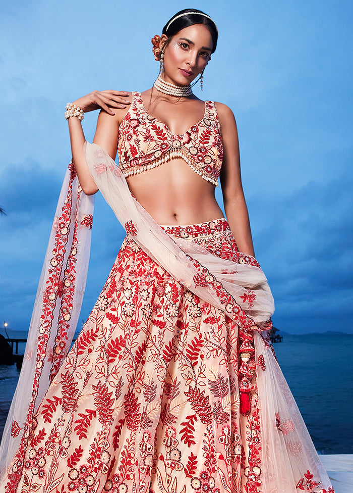 3 Pc Peach Net Semi Stitched Lehenga Set