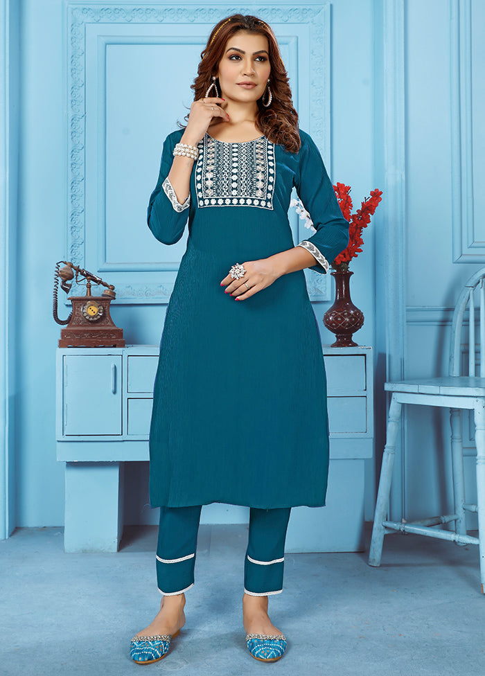 2 Pc Blue Readymade Cotton Kurti Set - Indian Silk House Agencies