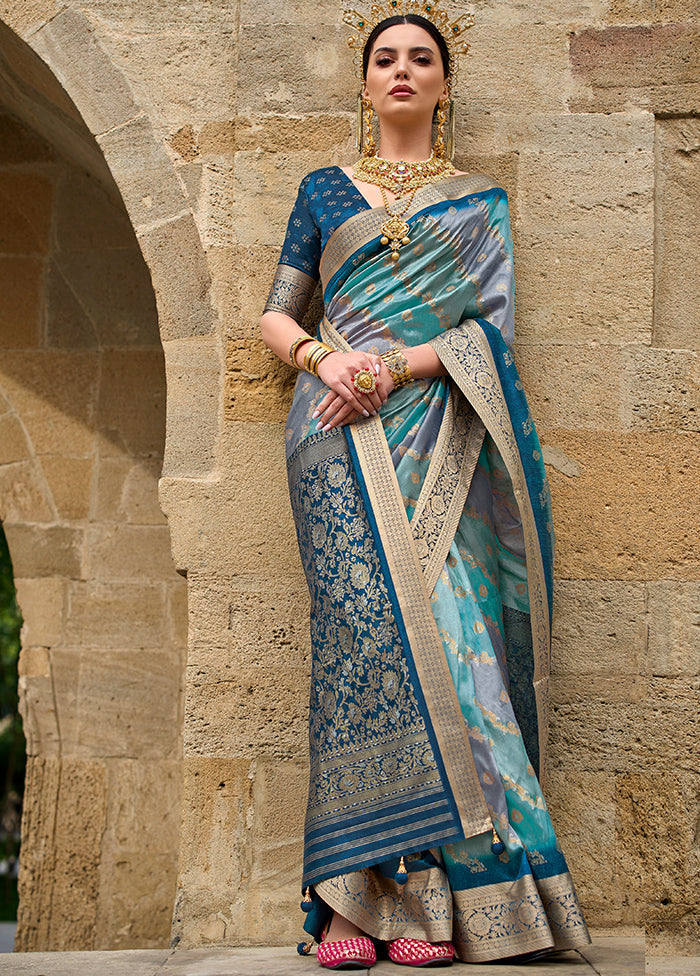 Teal Blue Dupion Silk Saree With Blouse Piece - Indian Silk House Agencies