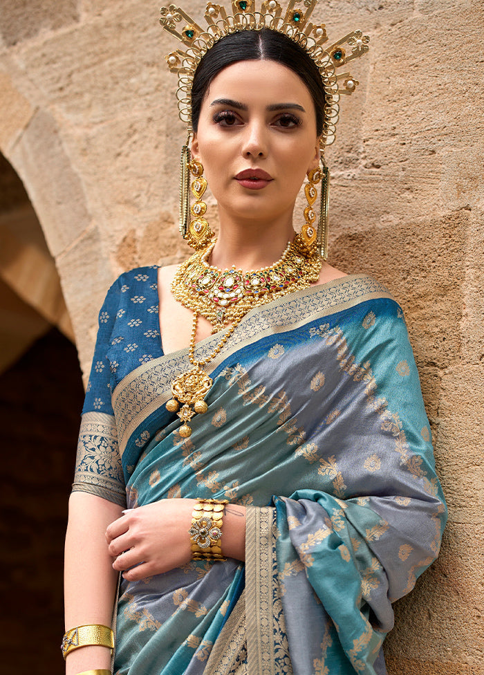 Teal Blue Dupion Silk Saree With Blouse Piece - Indian Silk House Agencies