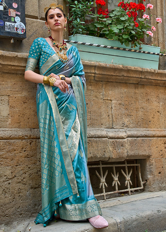 Blue Dupion Silk Saree With Blouse Piece - Indian Silk House Agencies