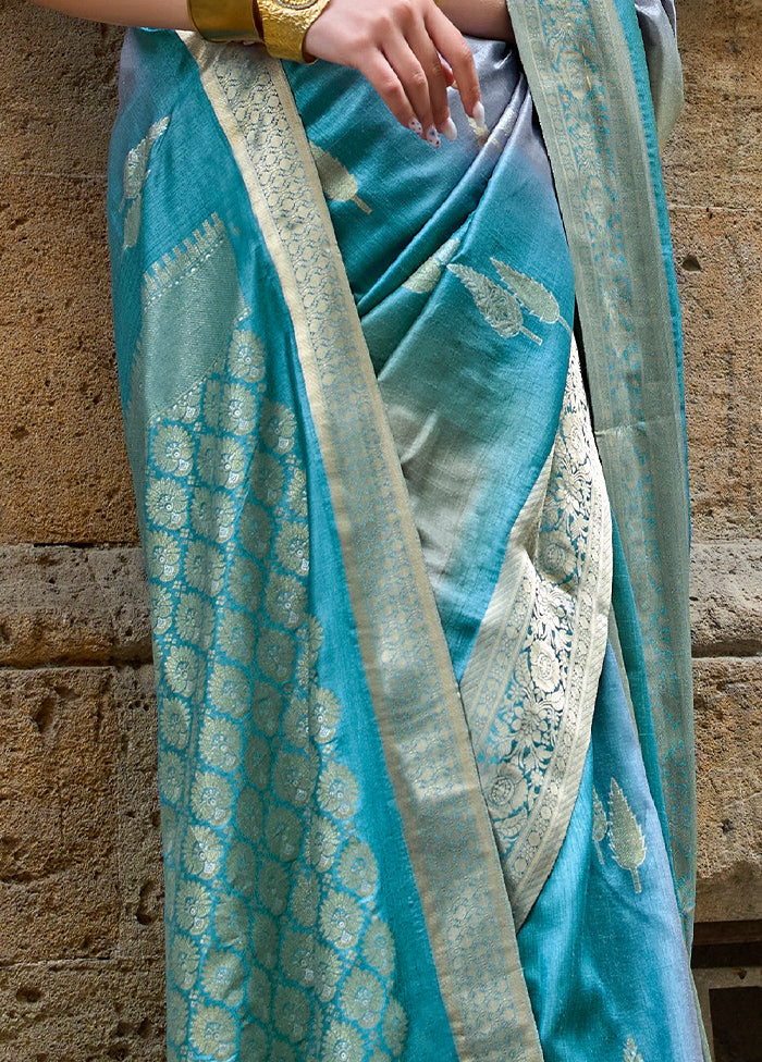 Blue Dupion Silk Saree With Blouse Piece - Indian Silk House Agencies