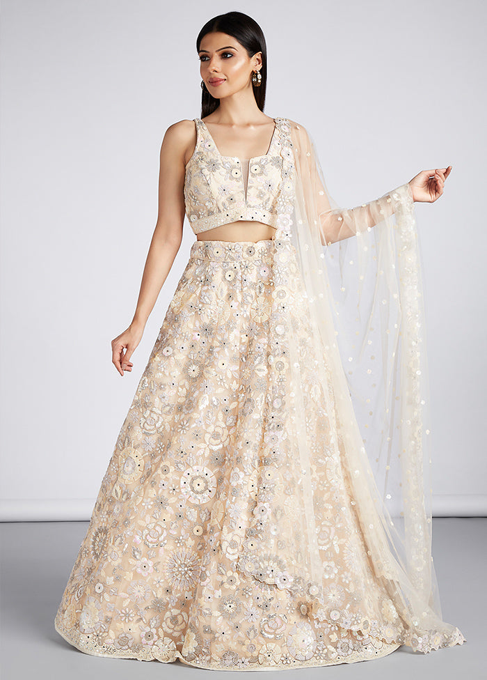 3 Pc Cream Net Semi Stitched Lehenga Set