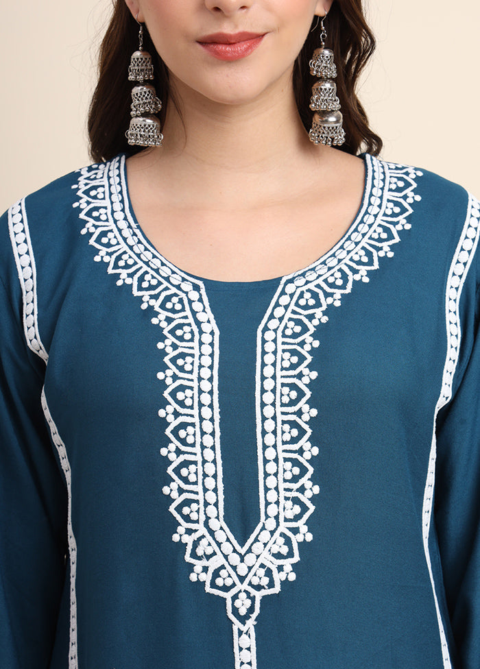 Teal Readymade Rayon Kurti - Indian Silk House Agencies