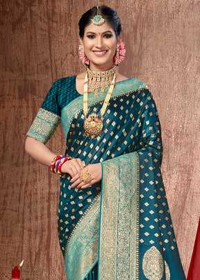 Teal Dupion Silk Saree With Blouse Piece - Indian Silk House Agencies