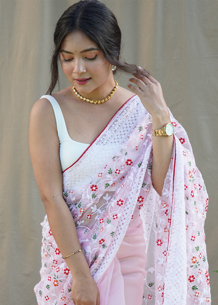 Baby Pink Organza Saree With Blouse Piece - Indian Silk House Agencies