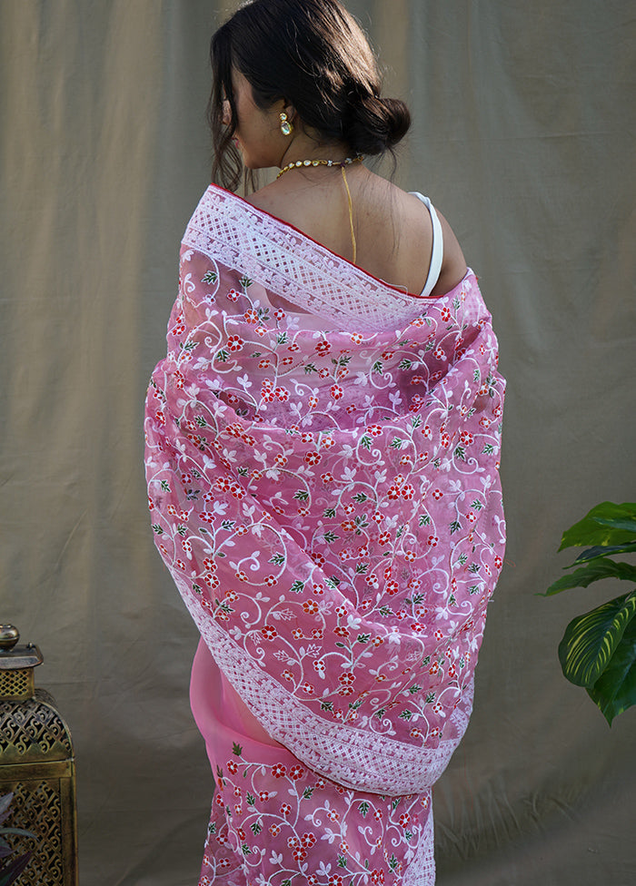 Pink Organza Saree With Blouse Piece - Indian Silk House Agencies