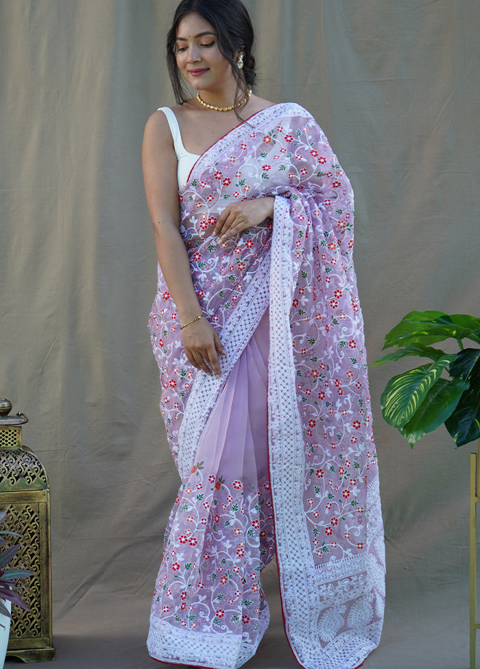 Purple Organza Saree With Blouse Piece - Indian Silk House Agencies