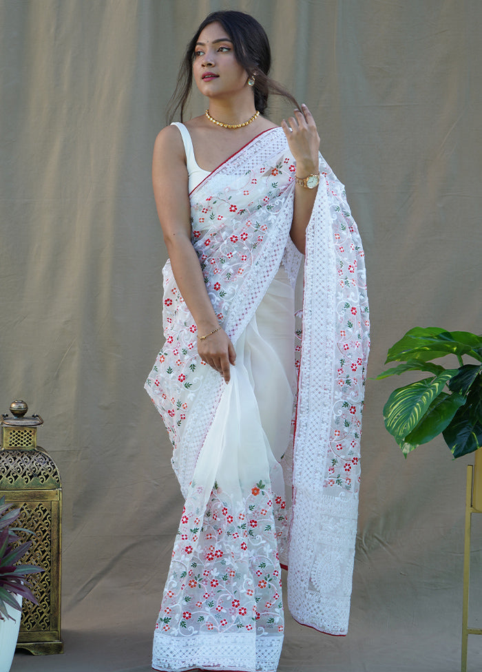 White Organza Saree With Blouse Piece - Indian Silk House Agencies