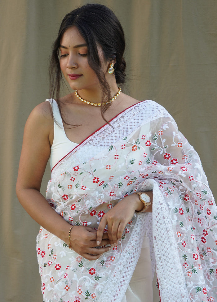 White Organza Saree With Blouse Piece - Indian Silk House Agencies