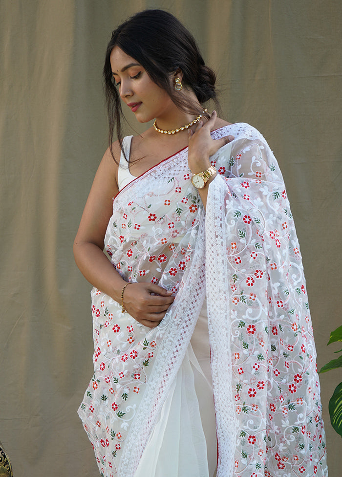 White Organza Saree With Blouse Piece - Indian Silk House Agencies