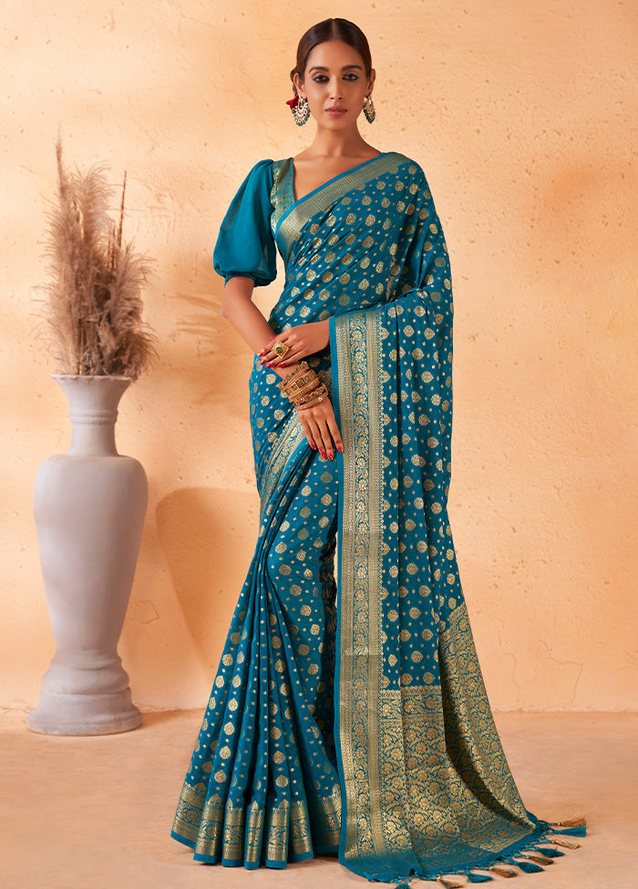 Teal Blue Georgette Saree With Blouse Piece - Indian Silk House Agencies