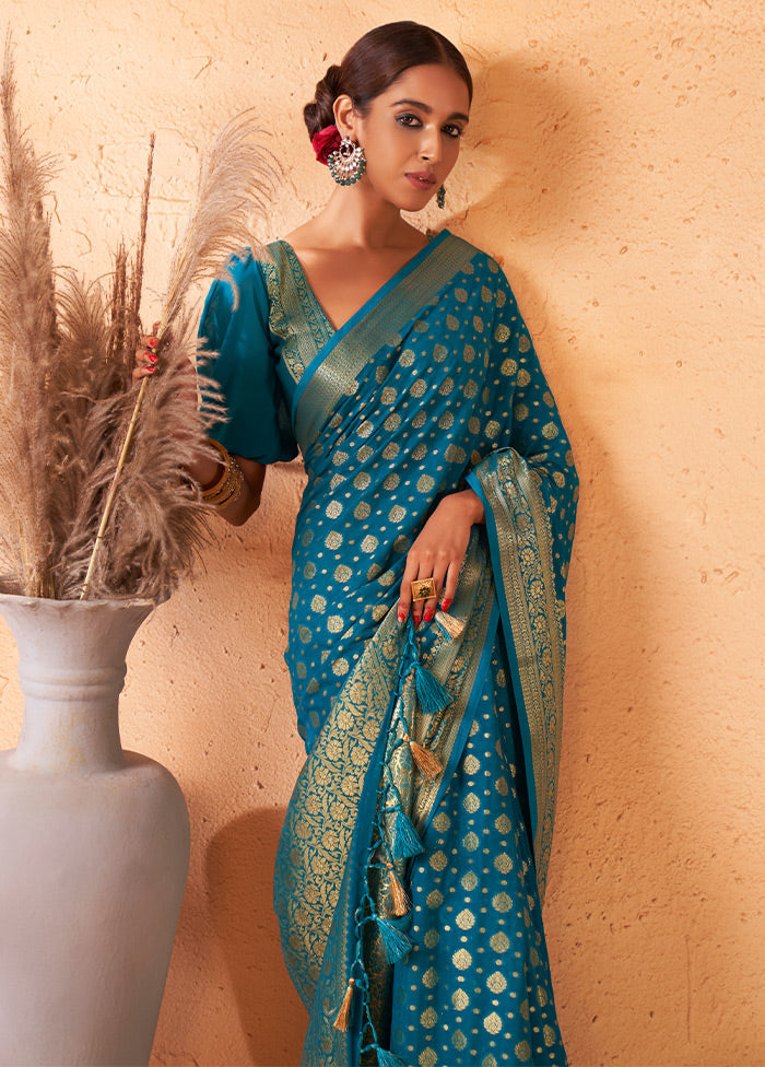 Teal Blue Georgette Saree With Blouse Piece - Indian Silk House Agencies