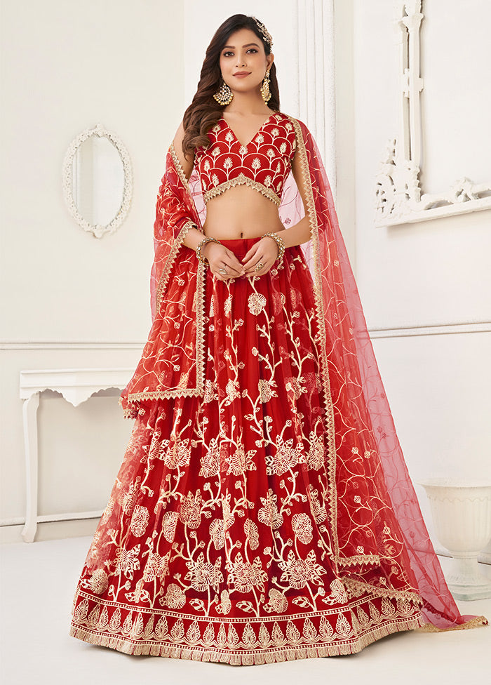 3 Pc Red Net Semi Stitched Lehenga Set - Indian Silk House Agencies