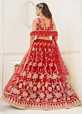 3 Pc Red Net Semi Stitched Lehenga Set