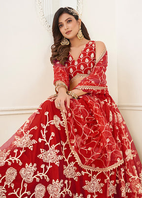 3 Pc Red Net Semi Stitched Lehenga Set