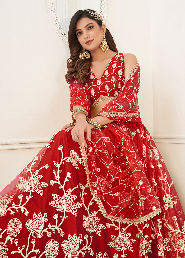 3 Pc Red Net Semi Stitched Lehenga Set - Indian Silk House Agencies