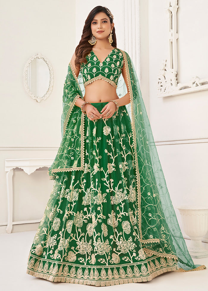 3 Pc Green Net Semi Stitched Lehenga Set