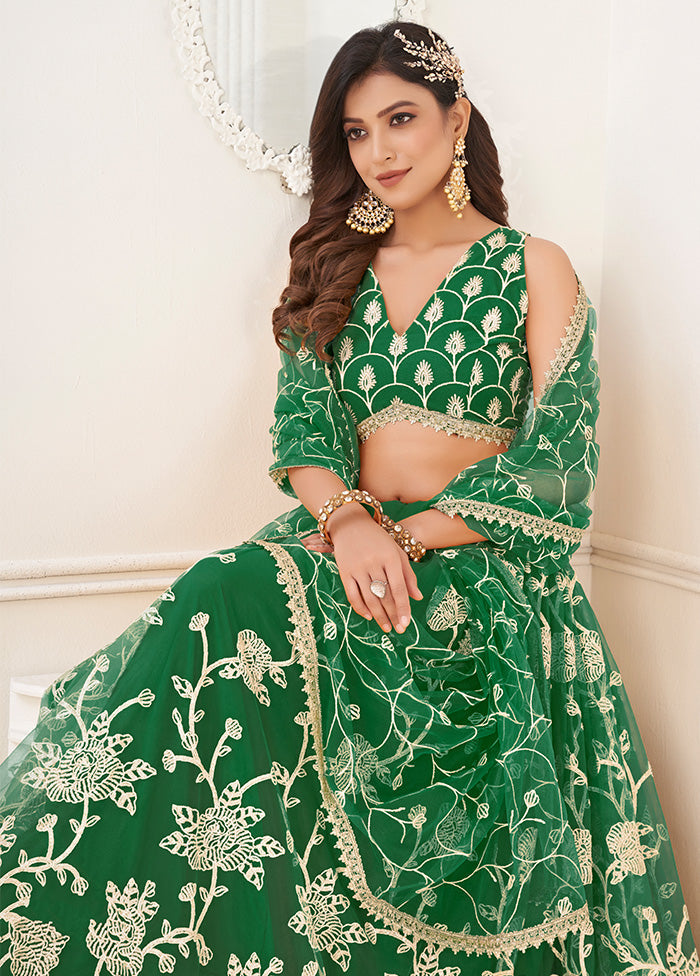 3 Pc Green Net Semi Stitched Lehenga Set - Indian Silk House Agencies