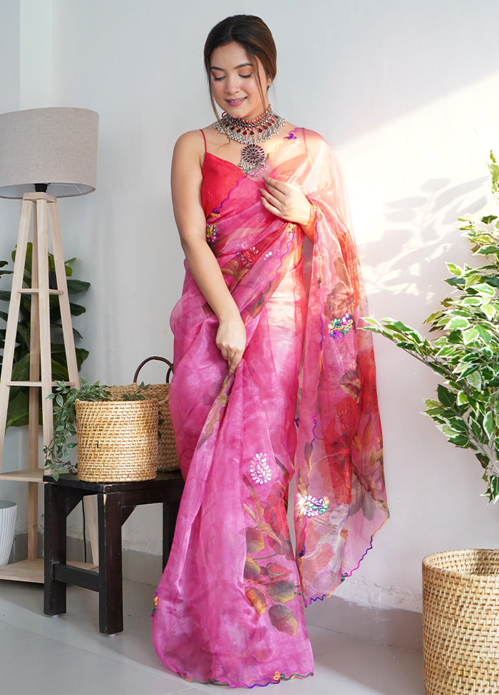 Pink Organza Saree With Blouse Piece - Indian Silk House Agencies