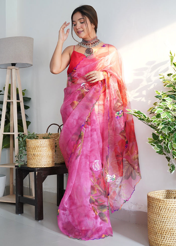 Pink Organza Saree With Blouse Piece - Indian Silk House Agencies