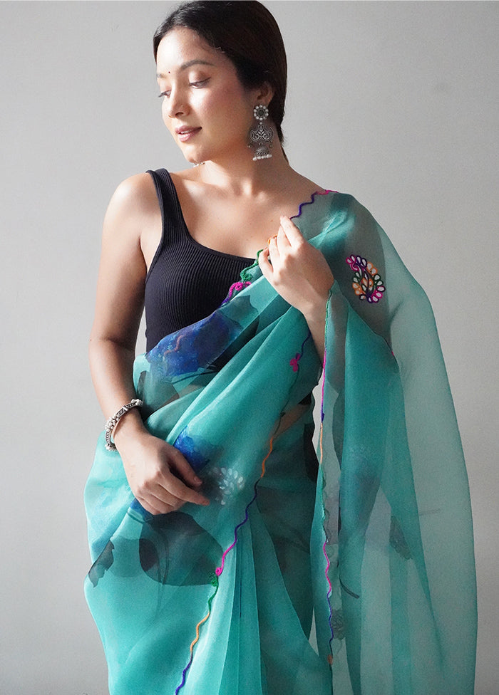 Sky Blue Organza Saree With Blouse Piece - Indian Silk House Agencies