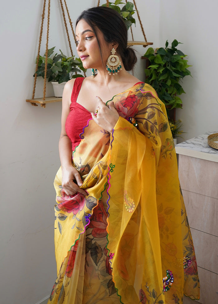 Yellow Organza Saree With Blouse Piece - Indian Silk House Agencies