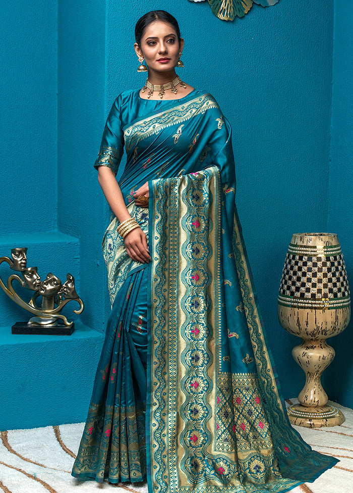 Blue Dupion Silk Saree With Blouse Piece - Indian Silk House Agencies