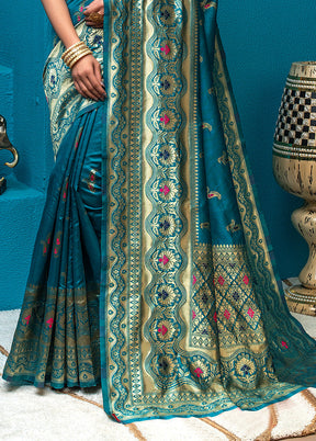 Blue Dupion Silk Saree With Blouse Piece - Indian Silk House Agencies