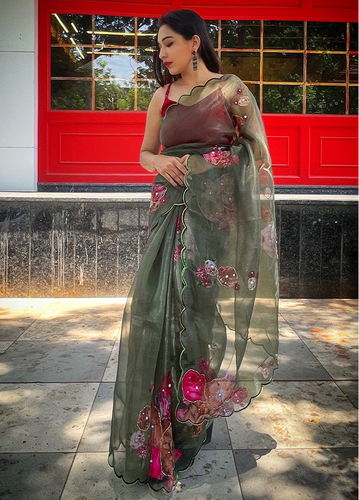 Green Organza Saree With Blouse Piece - Indian Silk House Agencies