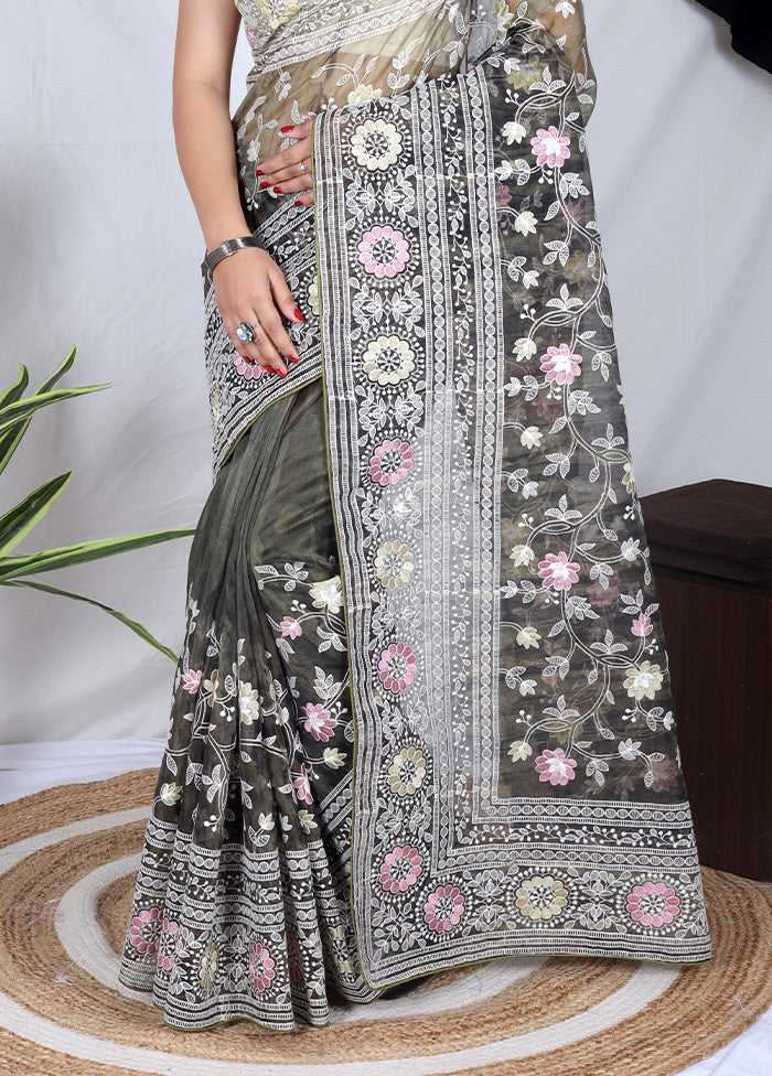 Grey Organza Saree With Blouse Piece - Indian Silk House Agencies