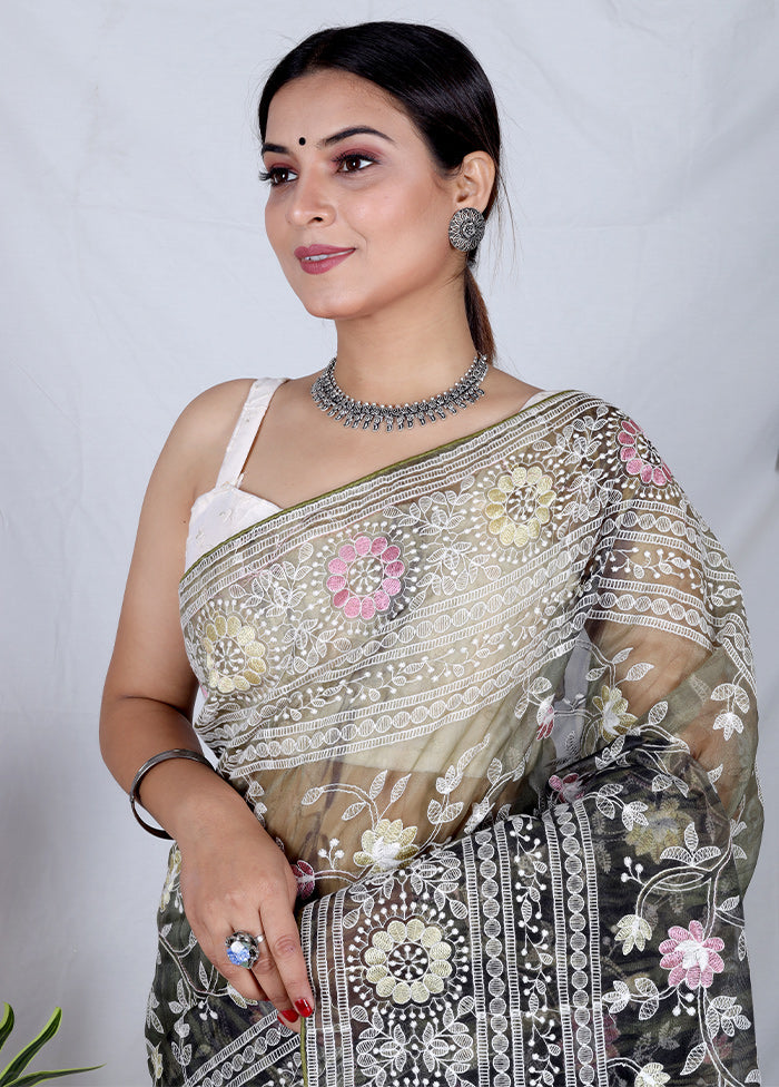 Grey Organza Saree With Blouse Piece - Indian Silk House Agencies