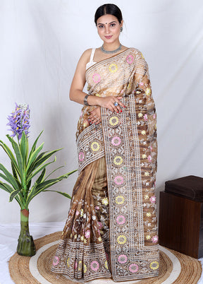 Brown Organza Saree With Blouse Piece - Indian Silk House Agencies