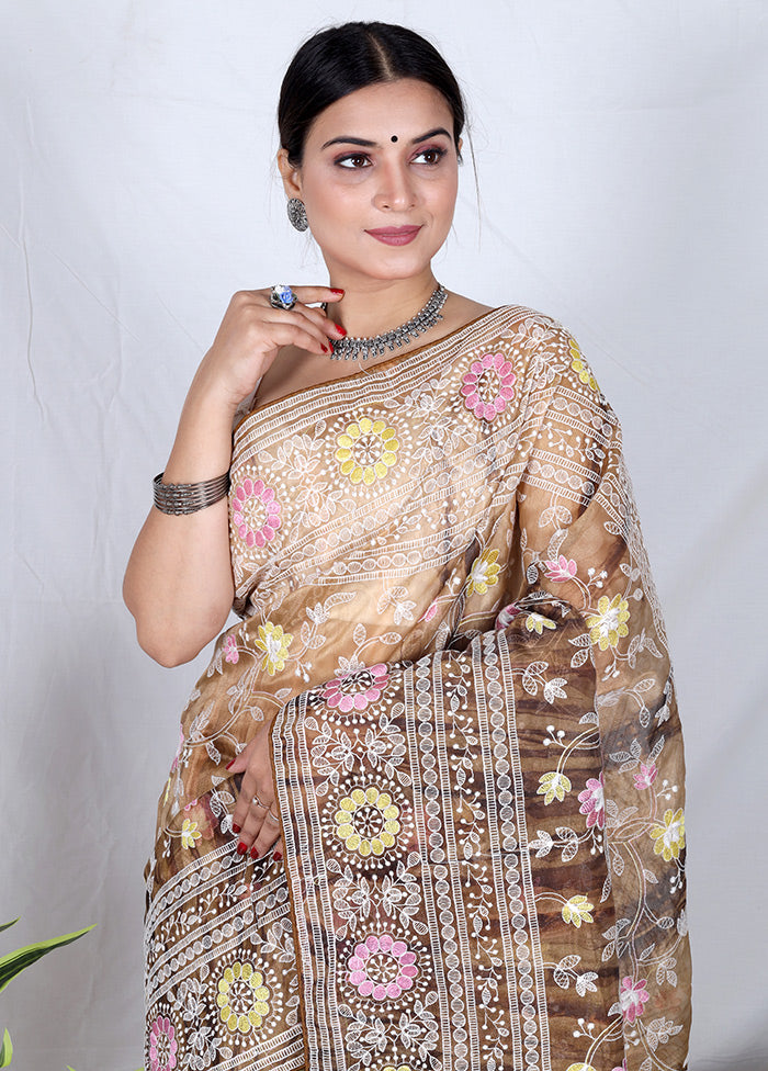 Brown Organza Saree With Blouse Piece - Indian Silk House Agencies