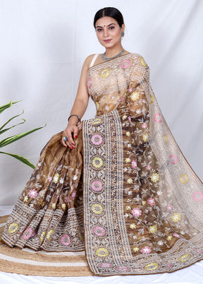 Brown Organza Saree With Blouse Piece - Indian Silk House Agencies