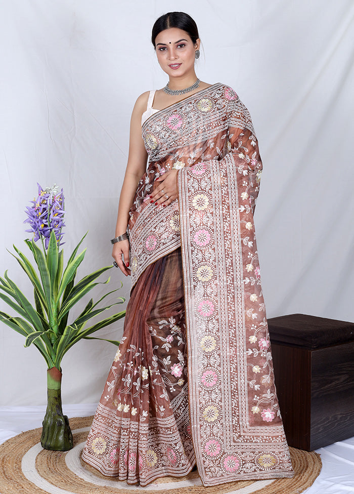 Maroon Organza Saree With Blouse Piece - Indian Silk House Agencies