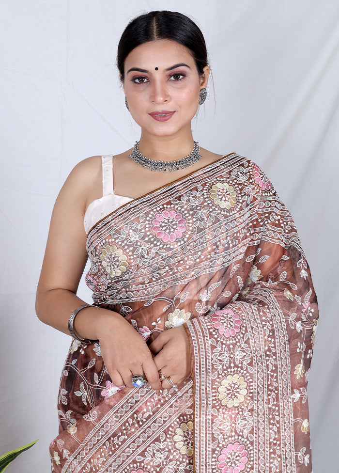 Maroon Organza Saree With Blouse Piece - Indian Silk House Agencies