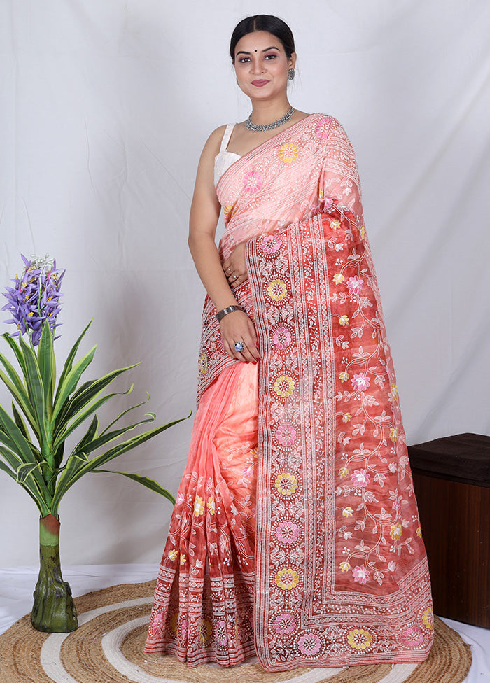 Orange Organza Saree With Blouse Piece - Indian Silk House Agencies