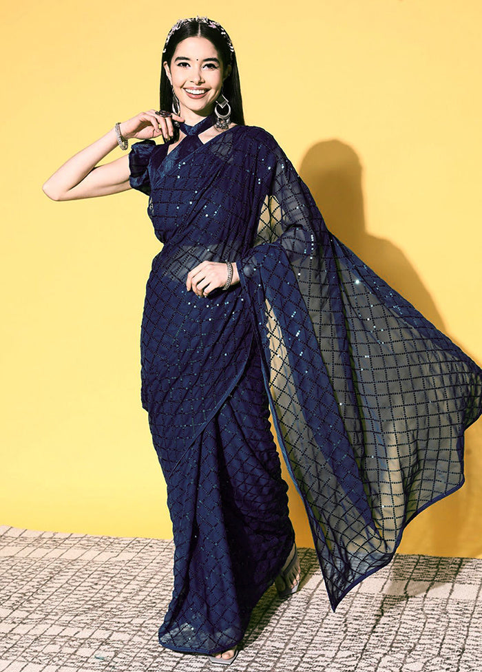 Blue Georgette Saree With Blouse Piece - Indian Silk House Agencies