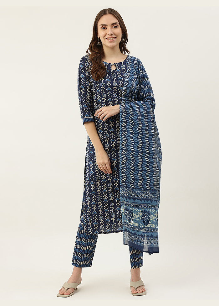 3 Pc Blue Readymade Cotton Suit Set - Indian Silk House Agencies