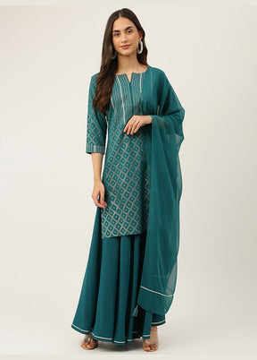 3 Pc Teal Readymade Silk Suit Set - Indian Silk House Agencies