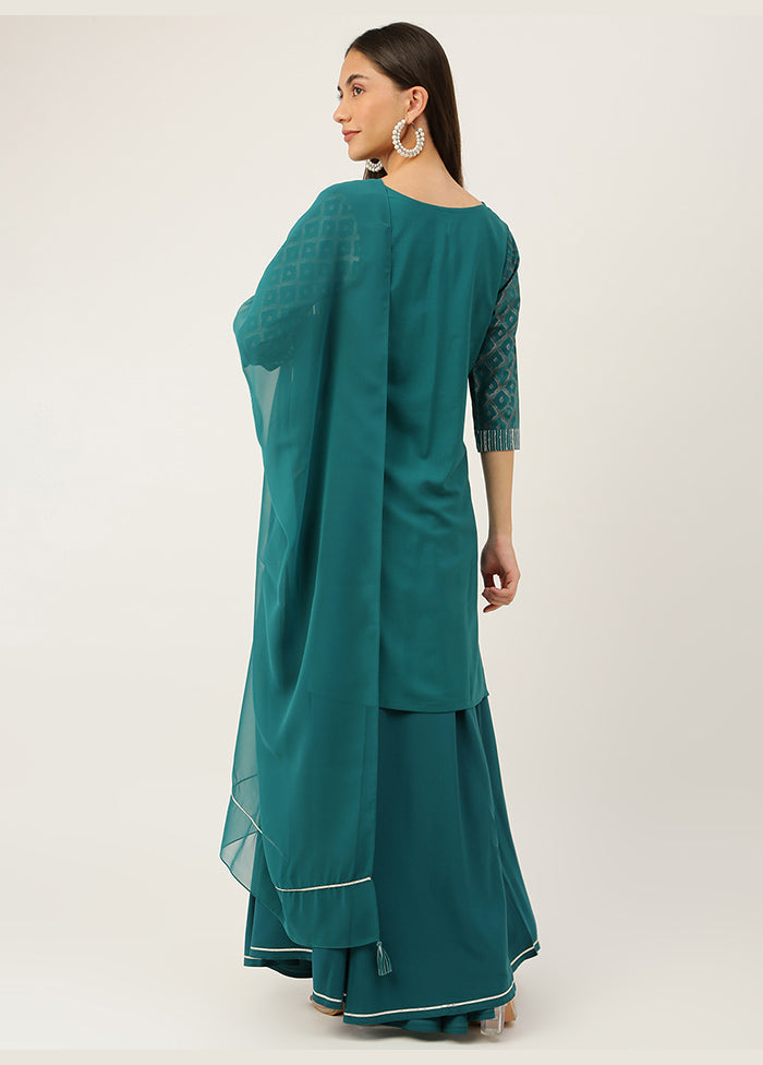 3 Pc Teal Readymade Silk Suit Set - Indian Silk House Agencies