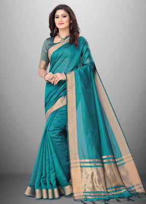 Blue Cotton Saree With Blouse Piece - Indian Silk House Agencies