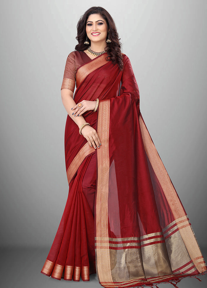 Maroon Cotton Saree With Blouse Piece - Indian Silk House Agencies